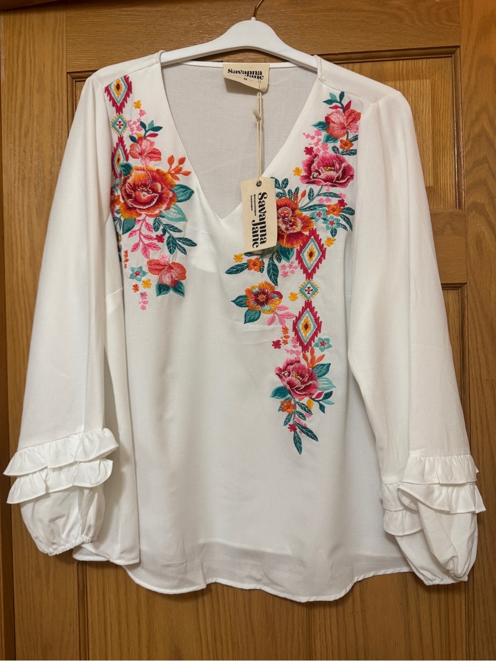 Savanna Jane White V-Neck Blouse with Floral Embroidery